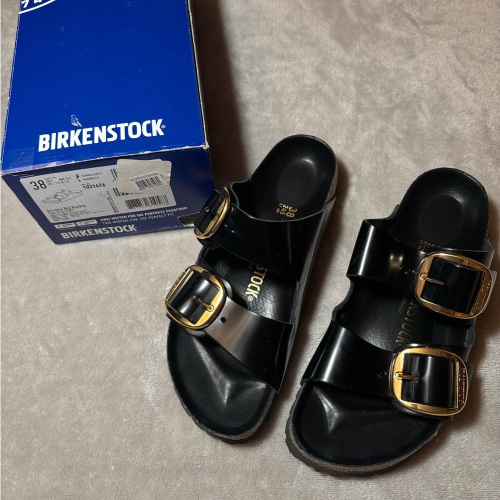 Birkenstock Arizona Big Buckle black patent leather sandals with gold metal